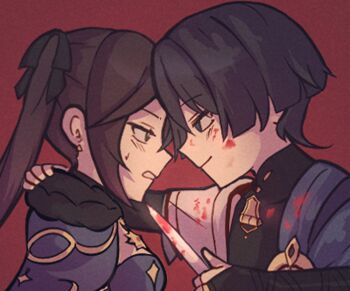 1boy 1girl armor black_bow black_bridal_gauntlets black_hair blood blood_on_clothes blood_on_face bloody_knife blue_cape blunt_ends bodysuit bow bridal_gauntlets brooch cape closed_mouth covered_collarbone earrings eye_contact face-to-face forehead-to-forehead from_side fur-trimmed_leotard fur_trim genshin_impact gold gold_earrings gold_ring gold_trim green_eyes grey_sleeves hair_bow half-closed_eyes hand_on_another's_back heads_together highres holding holding_knife japanese_armor japanese_clothes jewelry kimono knife kote kurokote layered_sleeves leotard light_blush long_hair looking_at_another mandarin_collar middle_ring mona_(genshin_impact) parted_lips pointing_melee_weapon profile purple_eyes purple_leotard red_background scaramouche_(genshin_impact) scarasleepy short_sleeves shoulder_peek sidelocks smile sweatdrop thumbs_up tsurime twintails wanderer_(genshin_impact) white_kimono white_mouth white_sleeves yandere