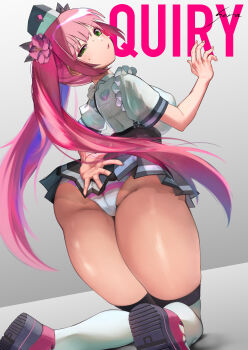 Rule 34 | 1girl, a.c.p.u. (nikke), absurdres, ass, ass focus, black garter straps, black shoes, black skirt, blush, breasts, english text, flower, from behind, garter straps, goddess of victory: nikke, green eyes, grey background, hair flower, hair ornament, hat, highres, kneeling, large breasts, long hair, looking at viewer, looking back, miniskirt, panties, pink hair, pleated skirt, police, police hat, police uniform, policewoman, quiry (nikke), shirt, shoes, short sleeves, simple background, skirt, solo, sora no sousaku, striped clothes, striped panties, thick thighs, thighhighs, thighs, twintails, underwear, white shirt, white thighhighs