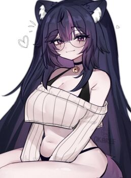 1girl animal_ears armpits bare_shoulders blush breasts cat_ears choker cleavage glasses hair_between_eyes highres light_smile long_hair long_sleeves looking_at_viewer navel okariin original purple_eyes purple_hair smile thighs very_long_hair white_background