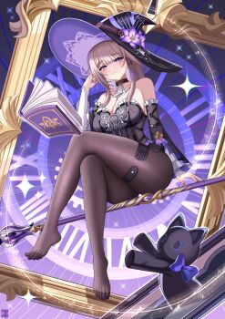1girl absurdres alternate_breast_size_(larger) bare_shoulders black_cat black_dress black_pantyhose book breasts brown_hair cat cleavage commentary_request crossed_legs detached_sleeves dress empty_picture_frame hat herta_(honkai:_star_rail) highres honkai:_star_rail honkai_(series) large_breasts long_hair pantyhose picture_frame purple_eyes solo staff_riding the_herta_(honkai:_star_rail) thighs toes very_long_hair witch_hat zekong_pioneer