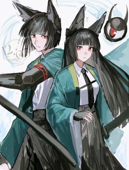 1boy 1girl absurdres animal_ears aqua_jacket black_gloves black_hair black_necktie black_skirt blunt_bangs bright_pupils commentary dual_persona fingerless_gloves fox_ears genderswap genderswap_(ftm) gloves highres hoshimi_miyabi jacket long_sleeves looking_at_viewer necktie nongxy_nonshi open_clothes open_jacket orange_eyes shirt short_hair skirt tailless_(zenless_zone_zero) white_pupils white_shirt wide_sleeves zenless_zone_zero