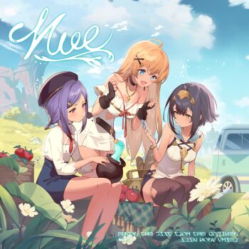 3girls :d ahoge album_cover amber_(stella_sora) baguette bare_shoulders basket black_hair black_shorts blonde_hair blue_eyes blue_skirt blush bread breasts brown_thighhighs buttons cellphone cleavage closed_mouth cover double-breasted dress flip_phone food frilled_dress frills game_cg hair_ornament highres holding holding_phone iris_(stella_sora) large_breasts leaning_forward miniskirt motor_vehicle multiple_girls new_star_guild_(stella_sora) non-web_source noya_(stella_sora) off-shoulder_dress off_shoulder official_art open_mouth outdoors pencil_skirt phone pleated_dress purple_hair red_eyes shirt short_dress short_hair short_shorts shorts sidelocks skirt slime_(creature) smile stella_sora thighhighs tomato van white_dress white_shirt x_hair_ornament yellow_eyes