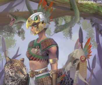 1girl alternate_costume armor aztec aztec_sombra belt brown_shirt dark-skinned_female dark_skin eveningsky_som face_piercing facepaint from_side green_eyes helmet highres jaguar leather_armor looking_ahead maya_(culture) mesoamerican mesoamerican_clothes midriff nose_piercing outdoors overwatch overwatch_2 pauldrons piercing polearm shirt shoulder_armor skirt sleeveless sleeveless_shirt snake solo sombra_(overwatch) spear weapon