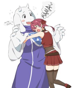 absurdres animal_ears blush english_text flying_sweatdrops furry furry_female goat_ears goat_girl hair_ribbon hat highres hololive horns houshou_marine hug monster_girl multiple_girls open_mouth red_hair ribbon shirt skirt tears thighhighs tomatomagica toriel twintails undertale utdr_(toby_fox) virtual_youtuber