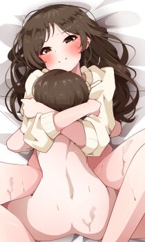 1boy 1girl absurdres age_difference bed_sheet blush bottomless brother_and_sister brown_eyes brown_hair clark_grimms closed_mouth clothed_female_nude_male face_to_breasts hetero highres hug idolmaster idolmaster_million_live! incest kitazawa_riku kitazawa_shiho long_hair long_sleeves looking_at_viewer lying missionary nude on_back on_bed onee-shota sex short_hair shota siblings smile spread_legs sweat sweater yellow_sweater