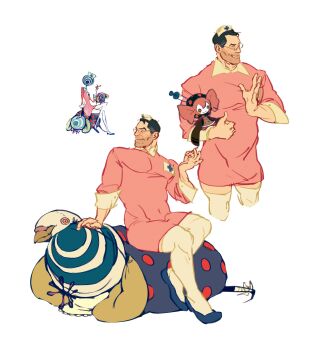 1boy bird black_hair charlotte_(madoka_magica) commentary cosplay crossdressing crossdressing_(mtf) crossover doctor dove dress english_commentary facial_hair familiar_(madoka_magica) glasses grey_hair hat highres mahou_shoujo_madoka_magica mature_male medic_(tf2) nurse nurse_cap pigeon pink_dress polina_(madoka_magica) polina_(madoka_magica)_(cosplay) stubble stuffed_animal stuffed_bird stuffed_toy syringe team_fortress_2 thighhighs virtuellesterne zettai_ryouiki