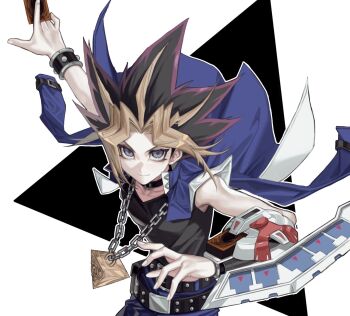 Rule 34 | 1boy, belt, black belt, black choker, black tank top, blonde hair, blue gakuran, blue jacket, blue pants, card, cbow, choker, colored bangs, commentary, domino high school uniform, duel disk, fullmetal alchemist, highres, holding, holding card, jacket, jacket on shoulders, male focus, millennium puzzle, multicolored hair, muto yugi, pants, purple eyes, purple hair, school uniform, shirt tucked in, short hair, simple background, solo, spiked hair, tank top, untranslatable commentary, white background, yu-gi-oh!