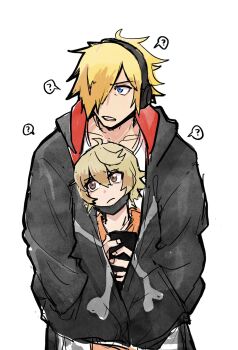 2boys ? ahoge bito_daisukenojo black_hoodie black_mask blonde_hair blue_eyes brown_eyes cellphone closed_mouth eyebrows_hidden_by_hair hair_over_one_eye headphones highres holding holding_phone hood hoodie kanade_rindo male_focus mask mouth_mask multiple_boys orange_hoodie phone sharing shin_subarashiki_kono_sekai smartphone spoken_question_mark subarashiki_kono_sekai warming