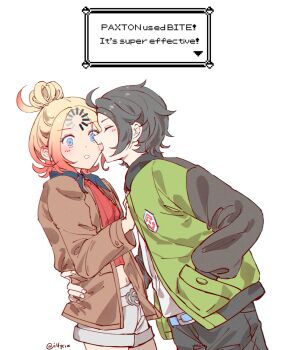 Rule 34 | 1boy, 1girl, bite mark, biting, biting cheek, black hair, blonde hair, blue eyes, blush, brown jacket, closed eyes, english text, gradient hair, hair bun, hand in pocket, hand on another's hip, hetero, highres, illycia, jacket, looking at viewer, midriff, multicolored hair, nintendo, open mouth, paxton (pokemon), pink hair, pocket, pokemon, pokemon legends: z-a, pokemon move, profile, shirt, short hair, shorts, simple background, single hair bun, taunie (pokemon), twitter username, white background, white shirt, white shorts