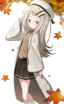 1girl absurdres autumn_leaves gakuen_idolmaster hair_ornament hairclip hat highres idolmaster jiu_(sdesd3205) leaf long_hair looking_at_viewer pleated_skirt shinosawa_hiro skirt solo