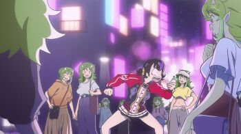 6+girls bag belt beret black_bag black_belt black_hair blue_pants breasts brown_skirt building cellphone clenched_hand closed_eyes closed_mouth commentary coqui_saporana derivative_work drawstring english_commentary eyelashes fangs green_eyes grey_hat grey_pants hand_on_own_hip handbag hat highres holding holding_phone hood hood_down hooded_jacket hoodie horns indie_virtual_youtuber jacket lens_flare long_hair long_skirt meat_(vtuber) midriff miniskirt multicolored_hair multiple_girls navel night night_sky off_shoulder open_clothes open_jacket open_mouth orange_hoodie pants parody phone pointy_ears purple_bag purple_hair purple_hoodie red_jacket rummy_&amp;_coqui scar scar_across_eye scar_on_face screenshot_redraw sharp_teeth shirt short_sleeves short_twintails skirt sky smartphone smile star_(sky) starry_sky streaked_hair style_parody sweatpants teeth tubularparu twintails upper_teeth_only urusei_yatsura virtual_youtuber white_shirt white_skirt yellow_shirt