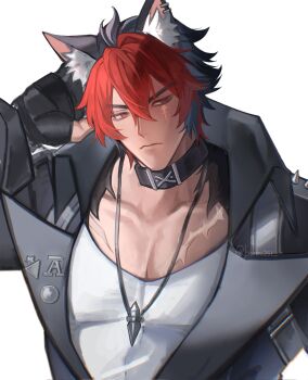 1boy animal_ears black_choker black_hair black_jacket choker dog_boy fishstickk01 highres jacket jewelry komano_manato male_focus multicolored_hair necklace open_clothes open_jacket pectoral_cleavage pectorals red_eyes red_hair scar scar_on_face shirt short_hair simple_background solo spiked_jacket twitter_username upper_body white_background white_shirt zenless_zone_zero