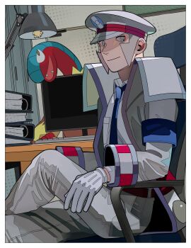 1boy absurdres archeops binder closed_mouth collared_shirt commentary_request computer_keyboard crossed_legs emmet_(pokemon) gen_5_pokemon gloves grey_eyes hat highres indoors joltik lamp long_sleeves looking_at_viewer male_focus monitor necktie nintendo peaked_cap pokemon pokemon_bw shirt short_hair sitting smile weirdrws white_gloves white_shirt