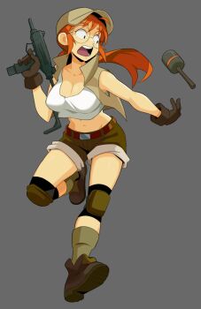 1girl ahoge bare_shoulders belt black_gloves boots breasts brown_boots brown_hat brown_shorts brown_vest cleavage collarbone commentary crop_top crop_top_overhang explosive female_focus finger_on_trigger fio_germi flowerpigeon glasses gloves grenade grey_background groin gun hat highres knee_pads large_breasts long_hair looking_to_the_side machine_gun metal_slug midair midriff navel open_mouth ponytail red_hair round_eyewear running sanpaku shirt shorts simple_background snk solo teeth throwing vest weapon white_shirt
