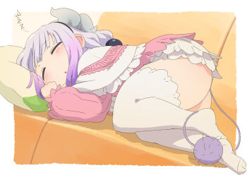 1girl ass beads blush border capelet closed_eyes commentary_request couch dragon_girl dragon_horns dress female_focus frilled_capelet frills full_body gradient_hair hair_beads hair_ornament highres horns kanna_kamui kobayashi-san_chi_no_maidragon legs light_purple_hair long_sleeves lying multicolored_hair no_shoes on_couch on_side parted_lips pink_dress purple_hair samansa_ex sleeping solo tail thighhighs thighs white_border white_capelet white_thighhighs zzz