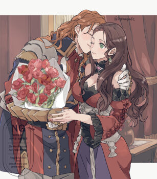 1girl arm_around_shoulder armor ascot bare_shoulders blush bouquet breasts brown_hair cape cleavage closed_eyes couple dorothea_arnault dorothea_arnault_(timeskip) dress earrings ferdinand_von_aegir ferdinand_von_aegir_(timeskip) fire_emblem fire_emblem:_three_houses flower gloves green_eyes hetero holding holding_bouquet holding_hands jewelry kiss kissing_cheek large_breasts long_hair long_sleeves nintendo orange_hair parted_lips purple_hair red_ascot red_dress shoulder_armor smile tenjin_(ahan)