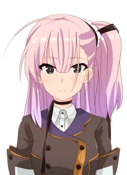 Rule 34 | 1girl, absurdres, black choker, brown jacket, choker, closed mouth, collared shirt, commentary request, expressionless, grey eyes, hair ribbon, highres, jacket, long hair, long sleeves, looking at viewer, mashitono desu, one side up, origami family's elite guard uniform, pink hair, pink pupils, ribbon, shirt, simple background, solo, striped clothes, striped shirt, toji no miko, tsubakuro yume, upper body, white background, white shirt
