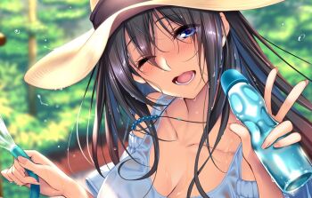 Rule 34 | 1girl, bead necklace, beads, blue eyes, blurry, blurry background, blush, breasts, cleavage, clothing cutout, collarbone, commentary request, cropped, day, dress, eyes visible through hair, hair between eyes, hat, holding, holding hose, hose, jewelry, large breasts, long hair, looking at viewer, necklace, one eye closed, open mouth, original, outdoors, piromizu, ramune, shoulder cutout, smile, solo, sun hat, water, wet, wet clothes, wet dress, white dress