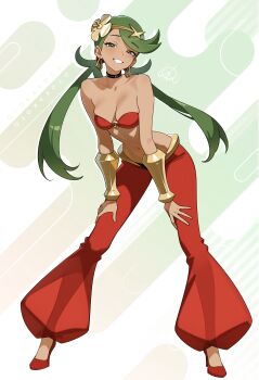 1girl absurdres bandeau bare_shoulders black_choker breasts choker cleavage collarbone cosplay earrings full_body gold green_background green_eyes green_hair grin high_heels highres hoop_earrings jewelry leaning_forward legs_apart looking_at_viewer mallow_(pokemon) medium_breasts navel nintendo otokakoto pants pokemon pokemon_sm red_bandeau red_pants red_shoes shantae shantae_(cosplay) shantae_(series) shoes smile solo stomach vambraces