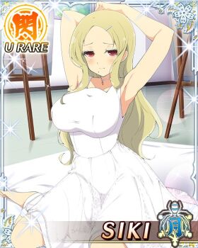 1girl armpits arms_behind_head arms_up art_room bad_tag blonde_hair border breasts canvas_(object) card_(medium) character_name choker dress game_cg hair_ornament hairclip indoors large_breasts light_smile long_hair looking_at_viewer middle_part modeling mole mole_under_mouth official_art parted_bangs red_eyes senran_kagura senran_kagura_new_wave shiki_(senran_kagura) sitting solo third-party_source wariza white_choker white_dress