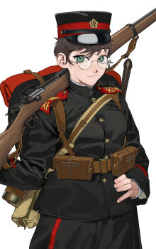 1girl :3 absurdres backpack bag battle_rifle belt belt_pouch black_pants black_shirt bolt_action brown_hair canteen collared_shirt commentary_request cowboy_shot emblem glasses gold_buttons green_eyes gun hand_on_own_hip hat highres kepi korean_commentary korean_empire long_sleeves looking_at_viewer military_hat military_uniform mole mole_under_mouth original pants pouch pzkpfwi rifle round_eyewear shirt short_hair shoulder_boards shoulder_strap weapon white_background