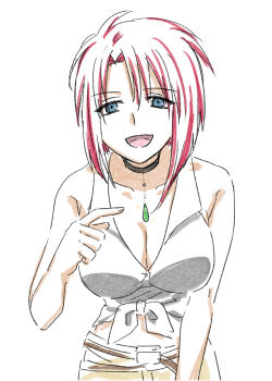 Rule 34 | 1girl, :d, blue eyes, breasts, choker, cleavage, collarbone, cowboy shot, forte stollen, galaxy angel, hair between eyes, highres, jewelry, kitaru, looking at viewer, open mouth, pointing, pointing to the side, red hair, shirt, sidelocks, smile, solo, tied shirt, white background, white shirt