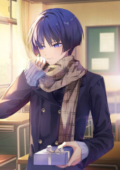1boy black_hair black_jacket box brown_scarf closed_mouth genshin_impact gift gift_box hair_between_eyes highres holding holding_box holding_gift jacket long_sleeves male_focus namimenou purple_eyes purple_hair scaramouche_(genshin_impact) scarf short_hair solo