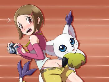 ass blush brown_hair camera digimon digimon_(creature) embarrassed highres kmkz-art long_hair looking_at_viewer open_mouth tailmon yagami_hikari
