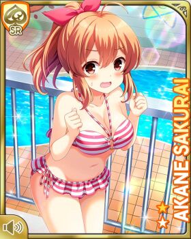 1girl bare_arms bare_legs bare_shoulders barefoot bikini breasts brown_eyes brown_hair card_(medium) cleavage day frilled_bikini frills girlfriend_(kari) hair_ornament indoor_pool indoors looking_at_viewer midriff navel nervous official_art open_mouth ponytail qp:flapper red_bikini sakurai_akane_(girlfriend_(kari)) standing swimsuit water_slide