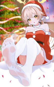 1girl :o absurdres bare_shoulders blonde_hair blue_archive blurry blurry_background breasts christmas_tree collar commentary crossed_bangs detached_sleeves double-parted_bangs dress full_body fur-trimmed_dress fur-trimmed_headwear fur-trimmed_sleeves fur_collar fur_trim hair_between_eyes hair_flaps halo hat hifumi_(blue_archive) highres long_hair long_sleeves looking_at_viewer low_twintails medium_breasts no_shoes open_mouth pom_pom_(clothes) red_dress red_hat santa_costume santa_dress santa_hat short_dress shusuchii sitting soles solo strapless strapless_dress symbol-only_commentary thighhighs twintails white_collar white_thighhighs winged_hair_ornament winged_halo yellow_eyes yellow_halo