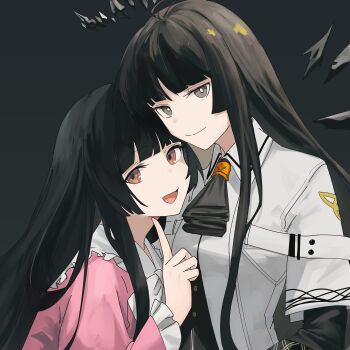 2girls :d absurdres arknights ascot black_ascot black_background black_eyes black_hair black_halo blunt_bangs bow bowtie closed_mouth collared_shirt commentary crossover detached_wings english_commentary frilled_shirt_collar frilled_sleeves frills halo hand_up highres houraisan_kaguya index_finger_raised long_hair long_sleeves look-alike looking_at_viewer multiple_girls myticalcat open_mouth pink_shirt red_eyes shirt short_sleeves smile touhou upper_body virtuosa_(arknights) white_bow white_bowtie white_shirt wings