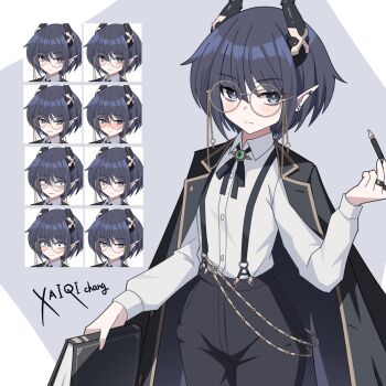 Rule 34 | 1girl, absurdres, artist name, bags under eyes, black coat, black hair, black horns, black pants, black ribbon, blue eyes, book, brooch, coat, coat on shoulders, commentary request, cowboy shot, dress shirt, ear piercing, highres, holding, holding book, holding pen, horns, jewelry, long sleeves, multiple expressions, multiple rings, neck ribbon, original, pants, pen, piercing, pointy ears, ribbon, ring, round eyewear, shirt, short hair, signature, solo focus, suspenders, white shirt, xaiqi