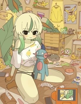 1girl analog_clock artist_name barefoot bedroom black_panties blonde_hair blush breasts bulbasaur censored character_doll clock clodsire closed_mouth colored_extremities commentary_request crop_top dildo disney doll floral_print_shirt gen_1_pokemon gen_3_pokemon gen_4_pokemon gen_7_pokemon green_hair highres indoors leaf_tail leafeon long_hair looking_at_viewer mario_(series) marshtomp messy_room mickey_mouse mike_no_hito multicolored_ears multicolored_hair navel nintendo no_pants off_shoulder panties personification pikachu piplup playstation_portal pointless_censoring pokedex pokemon pokemon_(creature) polaroid_camera poster_(object) raised_eyebrow rowlet sex sex_from_behind sex_toy shirt sitting smile solo streaked_hair stuffed_toy super_smash_bros. tail tied_shirt tissue_box underwear vibrator wall_clock wariza white_shirt wiglett yoshi