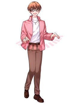 1boy 3r_gaming absurdres belt brown_belt brown_hair brown_pants brown_shoes full_body glasses highres jewelry male_focus natsupyon necklace open_mouth pants pink_eyes pink_hair ring shirt shoes smile solo tohyama_shage turtleneck white_shirt