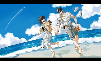 1boy 1girl aircraft airplane barefoot beach black_hair blush breasts caleb_(love_and_deepspace) collared_shirt couple dog_tags grey_shirt grey_shorts hair_between_eyes hetero highres holding holding_shoes holding_unworn_clothes long_hair long_skirt love_and_deepspace medium_breasts meomo0613 ocean orange_shoes parted_bangs parted_lips ponytail protagonist_(love_and_deepspace) shirt shoes short_hair shorts skirt smile undershirt unworn_shoes white_shirt white_skirt yellow_shirt