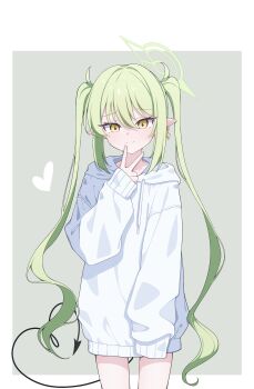 1girl absurdres blue_archive border cinamon_(cinamori) commentary cowboy_shot demon_tail earrings green_hair halo heart highres hood hoodie jewelry light_smile long_hair long_sleeves looking_at_viewer no_pants nozomi_(blue_archive) pointy_ears simple_background single_earring solo tail thighs twintails v very_long_hair white_border white_hoodie yellow_eyes