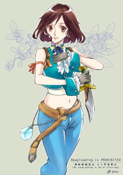 1girl aqua_vest aqua_wrist_cuffs arm_up ascot bare_shoulders belt blue_pants blue_ribbon breasts brown_belt brown_eyes brown_hair cosplay cowboy_shot crop_top cropped_vest crystal dagger fighting_stance final_fantasy final_fantasy_ix floral_background garnet_til_alexandros_xvii gloves grey_background grey_gloves hand_on_own_chest holding holding_dagger holding_knife holding_weapon knife light_smile medium_breasts midriff navel neck_ribbon pants quichi_91 red_ribbon ribbon shirt short_hair sleeveless sleeveless_shirt solo twitter_username vest weapon white_ascot white_shirt wrist_cuffs zidane_tribal zidane_tribal_(cosplay)