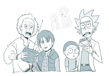 6+boys back_to_the_future belt crossover dual_persona emmett_brown lab_coat marty_mcfly morty_smith multiple_boys old old_man open_mouth portal_gun_(rick_and_morty) rick_and_morty rick_sanchez satou_(ultrmngrtsrt) simple_background toon_(style) white_background