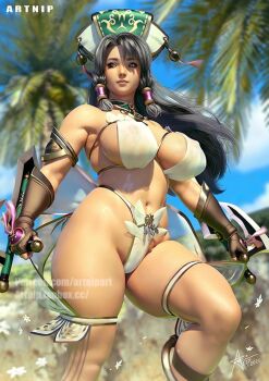 1girl aged_up alternate_breast_size_(larger) artnip black_eyes black_hair bladed_tonfa breasts covered_erect_nipples dual_wielding elbow_gloves gloves hat holding large_breasts long_hair navel outdoors realistic revealing_clothes see-through_clothes shiny_skin skindentation solo soul_calibur talim thighs tonfa weapon