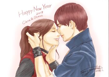 1boy 1girl black_choker brown_hair choker claire_redfield commentary_request dated earrings happy_new_year highres jacket jewelry lips long_hair naoki_serizawa new_year ponytail resident_evil resident_evil_-_code:_veronica short_hair signature simple_background single_earring smile steve_burnside white_background