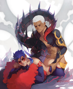 2boys anal ass bare_shoulders buzz_cut clothed_sex cu_chulainn_(fate) cu_chulainn_alter_(fate) cu_chulainn_alter_(fate/grand_order) dark-skinned_male dark_skin dragon_boy dragon_tail ear_piercing emiya_alter fate/grand_order fate_(series) hands_on_another&#039;s_hips happy_sex interracial long_hair lying male_focus male_penetrated monster_boy multiple_boys muscular muscular_male navel nipple_slip nipples on_stomach pectorals piercing ponytail qvoro sex short_hair smile smirk stomach tail tail_raised very_short_hair white_hair yaoi