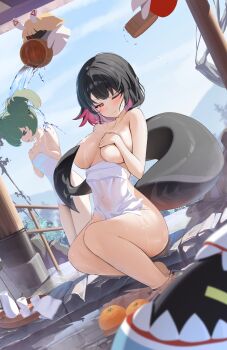 2girls anastella_(zenless_zone_zero) black_hair breasts colored_inner_hair commentary convenient_censoring corin_wickes covered_navel covering_privates day drusilla_(zenless_zone_zero) ellen_joe fins fish_tail green_hair highres hino_kagutsuki large_breasts multicolored_hair multiple_girls naked_towel one_eye_closed onsen purple_hair shark_girl shark_tail sharkboo_(zenless_zone_zero) short_hair stretching tail towel wet wet_towel zenless_zone_zero