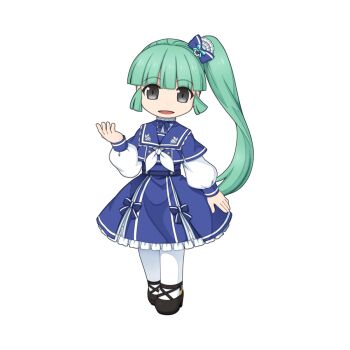 1girl blue_dress blue_hair blunt_bangs chibi chibi_only dress frilled_dress frills full_body grey_eyes high_side_ponytail iana_(ragnarok_online) layered_sleeves long_hair long_sleeves looking_at_viewer neckerchief official_art open_mouth pantyhose ragnarok_online short_over_long_sleeves short_sleeves simple_background smile solo standing transparent_background white_neckerchief white_pantyhose yuichirou