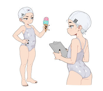 1girl absurdres ass bingbingzi clipboard flat_chest food grey_eyes grey_hair hands_on_own_hips highres ice_cream nail_polish one-piece_swimsuit original simple_background south_korean_flag swim_cap swimsuit white_background