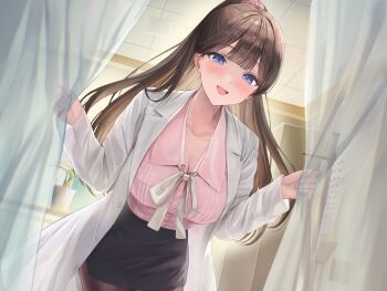 1girl black_skirt blue_eyes blush breasts brown_hair brown_pantyhose cleavage coat collarbone commentary_request curtains hair_ornament hair_scrunchie highres indoors infirmary lab_coat large_breasts long_hair looking_at_viewer open_clothes open_coat open_mouth original pantyhose pink_shirt plant ponytail potted_plant sakamuke school_nurse scrunchie shirt skirt smile solo white_coat