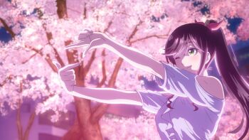 1girl ;) anime_coloring artist_request black_hair bow breasts cherry_tree closed_mouth clothing_cutout commentary_request dress_shirt finger_frame green_eyes hair_bow high_ponytail highres kinme_wakana kirei_ni_shitemoraemasuka large_breasts light_blush long_hair low_drills official_art one_eye_closed outdoors outstretched_arms ponytail red_bow shade shirt short_sleeves shoulder_cutout sidelocks smile solo swept_bangs tree upper_body white_shirt