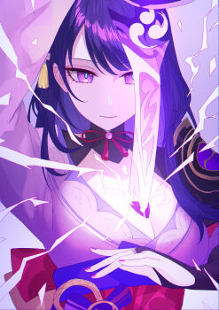 1girl absurdres arm_up armor back_bow blue_pupils blunt_bangs bow breasts bridal_gauntlets cleavage closed_mouth clothing_cutout commentary_request drawing_sword electricity genshin_impact glowing glowing_sword glowing_weapon hair_ornament highres hisamichi_(hisamichi1373) holding holding_sword holding_weapon human_scabbard japanese_clothes kimono large_breasts long_hair mitsudomoe_(shape) mole mole_under_eye multicolored_eyes musou_isshin_(genshin_impact) neck_ribbon purple_background purple_eyes purple_hair purple_kimono purple_nails raiden_shogun red_ribbon red_sash ribbon sash shade shoulder_armor shoulder_cutout solo sword sword_between_breasts tomoe_(symbol) upper_body weapon wide_sleeves