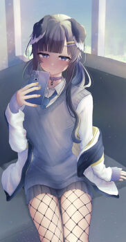 140219 1girl alternate_costume animal_collar animal_ears black_hair blue_archive cellphone closed_mouth collar commentary_request dog_ears dog_girl fishnet_pantyhose fishnet_thighhighs fishnets hibiki_(blue_archive) highres holding holding_phone long_hair looking_at_viewer pantyhose phone purple_eyes simple_background sitting smartphone smile solo thighhighs