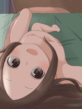 1girl aki_(yunkana) bed bed_sheet bedroom blush breasts brown_eyes brown_hair casual_nudity completely_nude feet female_focus from_above karakai_jouzu_no_takagi-san legs_folded loli long_hair looking_ahead looking_at_viewer medium_hair nipples nude pov selfie small_breasts smile solo spread_legs stomach takagi-san uncensored upside-down
