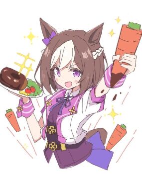 animal_ears bob_cut bow braid brown_hair carrot chocolate-covered_food colar donut food horse_ears multicolored_hair neck_ribbon purple_bow purple_eyes ribbon sparkle sparkling_aura special_week_(special_dreamer)_(umamusume) special_week_(umamusume) two-tone_hair umamusume wrist_cuffs